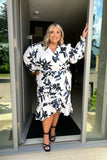 Floral Print Long Sleeve Wrap Frill Detail Midi Dress