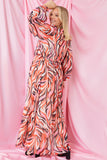 Abstract Print V Wrap Lace Trim Maxi Dress