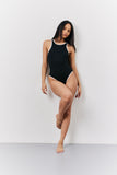 Black Ribbed Racer Neck Swimsuit