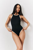 Black Ribbed Racer Neck Swimsuit