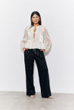 Organza Tie Front Puff Sleeve Top