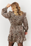 Leopard Satin Shirred Frill Detail Mini Dress