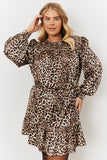 Leopard Satin Shirred Frill Detail Mini Dress