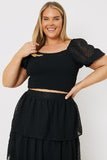 Dobby Shirred Bodice Puff Sleeve Top
