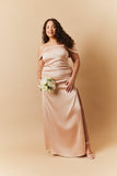 Light Gold Satin Bardot Ruched Maxi Dress