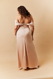 Light Gold Satin Bardot Ruched Maxi Dress