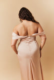 Light Gold Satin Bardot Ruched Maxi Dress