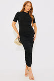 Acetate Slinky Ruched High Neck Midi Dress