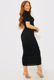 Acetate Slinky Ruched High Neck Midi Dress