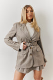 Herringbone Belted Single Breasted Oversized Blazer	