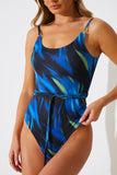 Absract Print Scoop Neck Gold Trim Belted Swimsuit