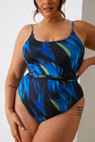 Absract Print Scoop Neck Gold Trim Belted Swimsuit