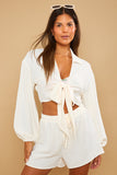 Recycled Tie Waist Collared Shirt Crop Top