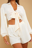 Recycled Tie Waist Collared Shirt Crop Top
